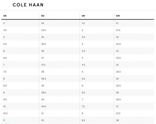 size chart cole haan